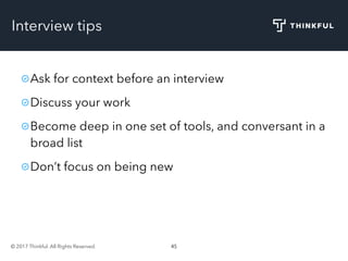 © 2017 Thinkful. All Rights Reserved. 45
Interview tips
Ask for context before an interview
Discuss your work
Become deep in one set of tools, and conversant in a
broad list
Don’t focus on being new
 