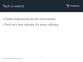 © 2017 Thinkful. All Rights Reserved. 7
Tech is weird
Career trajectories are far more varied
Tech isn’t one industry. It’s every industry.
 