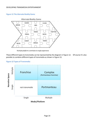 DEVELOPING TRANSMEDIA ENTERTAINMENT


Figure 11 The Alernate Reality Game




These different types to transmedia can be represented by the diagram in Figure 12.   Of course it’s also
possible to combine different types of transmedia as shown in Figure 13.

Figure 12 Types of Transmedia




                                                Page 14
 