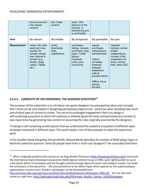 DEVELOPING TRANSMEDIA ENTERTAINMENT


                 low-involvement     free “trailer     what I offer
                 free “teaser        content”          delivers on the
                 content”                              promise, is
                                                       entertaining and
                                                       is worthwhile.

How               Be relevant        Be credible       Be exceptional      Be spreadable    Be open

Measurement      views, hits, time   clicks,           purchases,          repeat           Uploads,
                 spent per view,     downloads,        ratings, reviews,   purchases,       remixes, stories
                 number for          trials,           comments, blog      subscriptions,   written,
                 content viewed      registrations     posts, Twitter      memberships,     collaborations,
                 (per channel &                        follows,                             number of fan
                 content (e.g.                         Facebook            Online:          moderators for
                 emails, blogs,                        Likes, joins        reTweets,        forum, events
                 videos, Twitter                       community           forwards,        held, other UGC
                 etc.)                                                     embeds,
                                                                           satisfaction
                                                                           polls &
                                                                           questionnaires

                                                                           Offline: focus
                                                                           groups,
                                                                           surveys



2.4.2.2   LONGEVITY OF THE EXPERIENCE: THE AUDIENCE ECOSYSTEM 16

The purpose of this subsection is to introduce non-game designers to some gaming ideas and concepts
that I think can be very helpful in designing participatory experiences - particular when deciding how much
and of what type of content to create. The secret to prolonged engagement l feel is to design a
self-sustaining ecosystem in which the audience is allowed (given the tools and permissions) to evolve its
own experience by generating new content or assuming the roles originally assumed by the designers.

To design a self-sustaining world requires that we understand the audience ecosystem of different types
of people motivated in different ways. The world needs a mix of these people to make the experience
work.

In his excellent book Designing Virtual Worlds, Richard Bartle describes his analysis of MUD player types in
which he asked the question “what do people want from a multi-user dungeon?” He concluded that there


16
   When I originally published this section on my blog, Brooke Thompson (http://www.giantmice.com/) who leads
the International Game Developers Association (IGDA) Special Interest Group on ARGs quite rightly pulled me up on
a few points where I'd misspoken and not thought carefully enough about the point I was trying to convey. I've made
the corrections in this document. She also pointed me to her White Paper which expands on the audience/player
segmentation I present here. Brooke's whitepaper can be downloaded here:
http://archives.igda.org/arg/resources/IGDA-AlternateRealityGames-Whitepaper-2006.pdf You can also read
online as a wiki here: http://wiki.igda.org/index.php/Alternate_Reality_Games_SIG/Whitepaper

                                                     Page 24
 