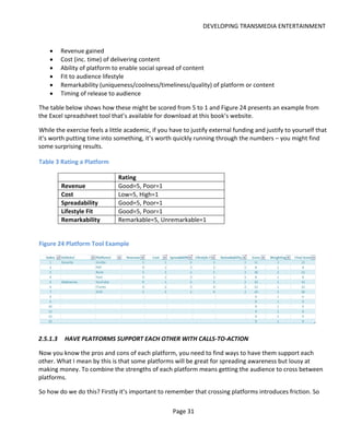 DEVELOPING TRANSMEDIA ENTERTAINMENT


    •     Revenue gained
    •     Cost (inc. time) of delivering content
    •     Ability of platform to enable social spread of content
    •     Fit to audience lifestyle
    •     Remarkability (uniqueness/coolness/timeliness/quality) of platform or content
    •     Timing of release to audience

The table below shows how these might be scored from 5 to 1 and Figure 24 presents an example from
the Excel spreadsheet tool that’s available for download at this book’s website.

While the exercise feels a little academic, if you have to justify external funding and justify to yourself that
it’s worth putting time into something, it’s worth quickly running through the numbers – you might find
some surprising results.

Table 3 Rating a Platform

                               Rating
          Revenue              Good=5, Poor=1
          Cost                 Low=5, High=1
          Spreadability        Good=5, Poor=1
          Lifestyle Fit        Good=5, Poor=1
          Remarkability        Remarkable=5, Unremarkable=1


Figure 24 Platform Tool Example




2.5.1.3    HAVE PLATFORMS SUPPORT EACH OTHER WITH CALLS-TO-ACTION

Now you know the pros and cons of each platform, you need to find ways to have them support each
other. What I mean by this is that some platforms will be great for spreading awareness but lousy at
making money. To combine the strengths of each platform means getting the audience to cross between
platforms.

So how do we do this? Firstly it’s important to remember that crossing platforms introduces friction. So

                                                    Page 31
 