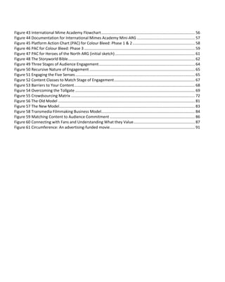 Figure 43 International Mime Academy Flowchart ....................................................................................... 56
Figure 44 Documentation for International Mimes Academy Mini-ARG ...................................................... 57
Figure 45 Platform Action Chart (PAC) for Colour Bleed: Phase 1 & 2 .......................................................... 58
Figure 46 PAC for Colour Bleed: Phase 3 ....................................................................................................... 59
Figure 47 PAC for Heroes of the North ARG (initial sketch) .......................................................................... 61
Figure 48 The Storyworld Bible...................................................................................................................... 62
Figure 49 Three Stages of Audience Engagement ......................................................................................... 64
Figure 50 Recursive Nature of Engagement .................................................................................................. 65
Figure 51 Engaging the Five Senses ............................................................................................................... 65
Figure 52 Content Classes to Match Stage of Engagement ........................................................................... 67
Figure 53 Barriers to Your Content ................................................................................................................ 68
Figure 54 Overcoming the Tollgate ............................................................................................................... 69
Figure 55 Crowdsourcing Matrix ................................................................................................................... 72
Figure 56 The Old Model ............................................................................................................................... 81
Figure 57 The New Model.............................................................................................................................. 83
Figure 58 Transmedia Filmmaking Business Model....................................................................................... 84
Figure 59 Matching Content to Audience Commitment ............................................................................... 86
Figure 60 Connecting with Fans and Understanding What they Value ......................................................... 87
Figure 61 Circumference: An advertising-funded movie ............................................................................... 91
 