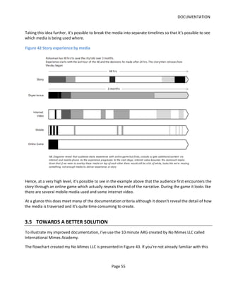 DOCUMENTATION


Taking this idea further, it’s possible to break the media into separate timelines so that it’s possible to see
which media is being used where.

Figure 42 Story experience by media




Hence, at a very high level, it’s possible to see in the example above that the audience first encounters the
story through an online game which actually reveals the end of the narrative. During the game it looks like
there are several mobile media used and some internet video.

At a glance this does meet many of the documentation criteria although it doesn’t reveal the detail of how
the media is traversed and it's quite time consuming to create.


3.5 TOWARDS A BETTER SOLUTION
To illustrate my improved documentation, I’ve use the 10 minute ARG created by No Mimes LLC called
International Mimes Academy.

The flowchart created my No Mimes LLC is presented in Figure 43. If you’re not already familiar with this



                                                   Page 55
 