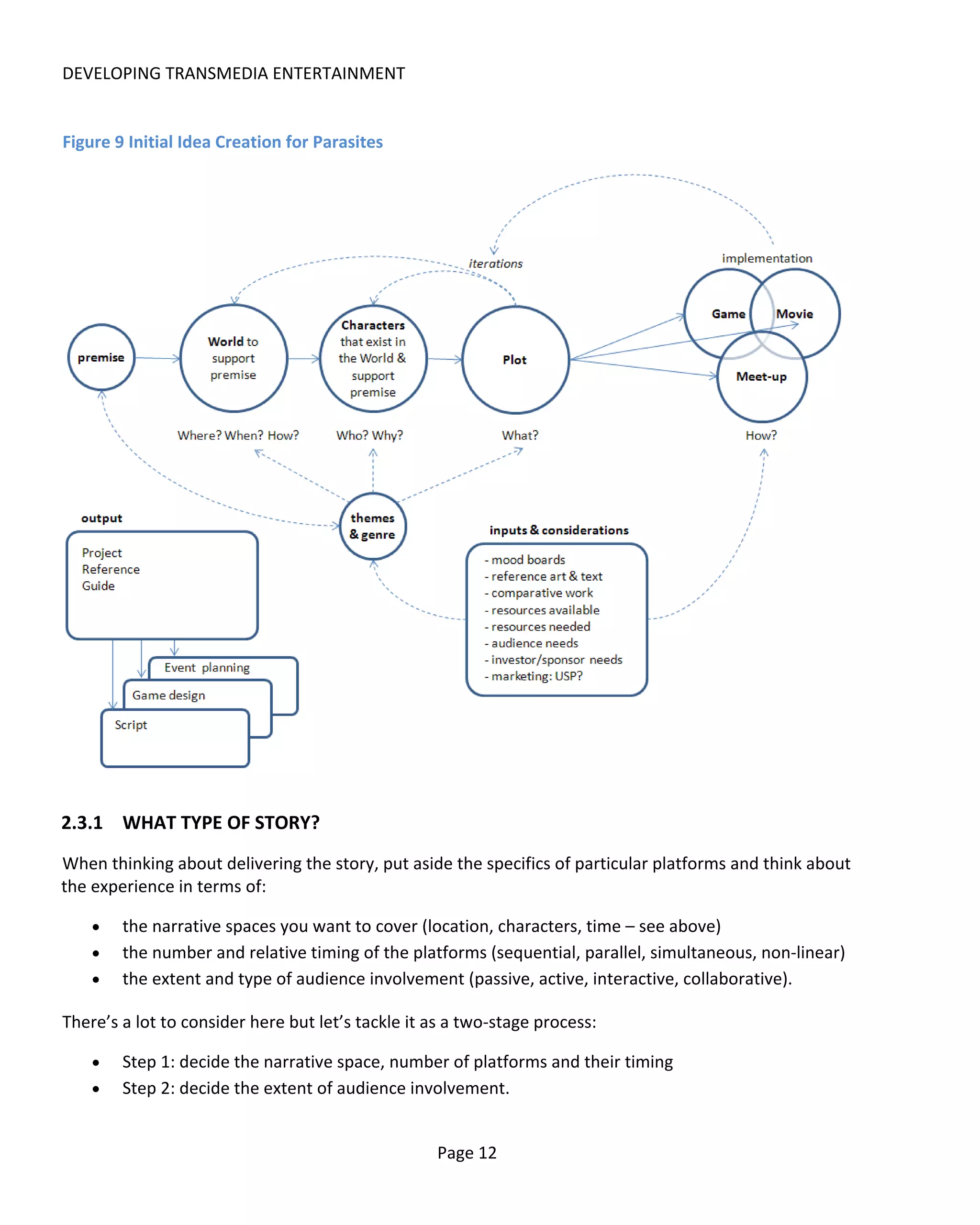 DEVELOPING TRANSMEDIA ENTERTAINMENT


Figure 9 Initial Idea Creation for Parasites




2.3.1 WHAT TYPE OF STORY?
When thinking about delivering the story, put aside the specifics of particular platforms and think about
the experience in terms of:

    •   the narrative spaces you want to cover (location, characters, time – see above)
    •   the number and relative timing of the platforms (sequential, parallel, simultaneous, non-linear)
    •   the extent and type of audience involvement (passive, active, interactive, collaborative).

There’s a lot to consider here but let’s tackle it as a two-stage process:

    •   Step 1: decide the narrative space, number of platforms and their timing
    •   Step 2: decide the extent of audience involvement.


                                                   Page 12
 