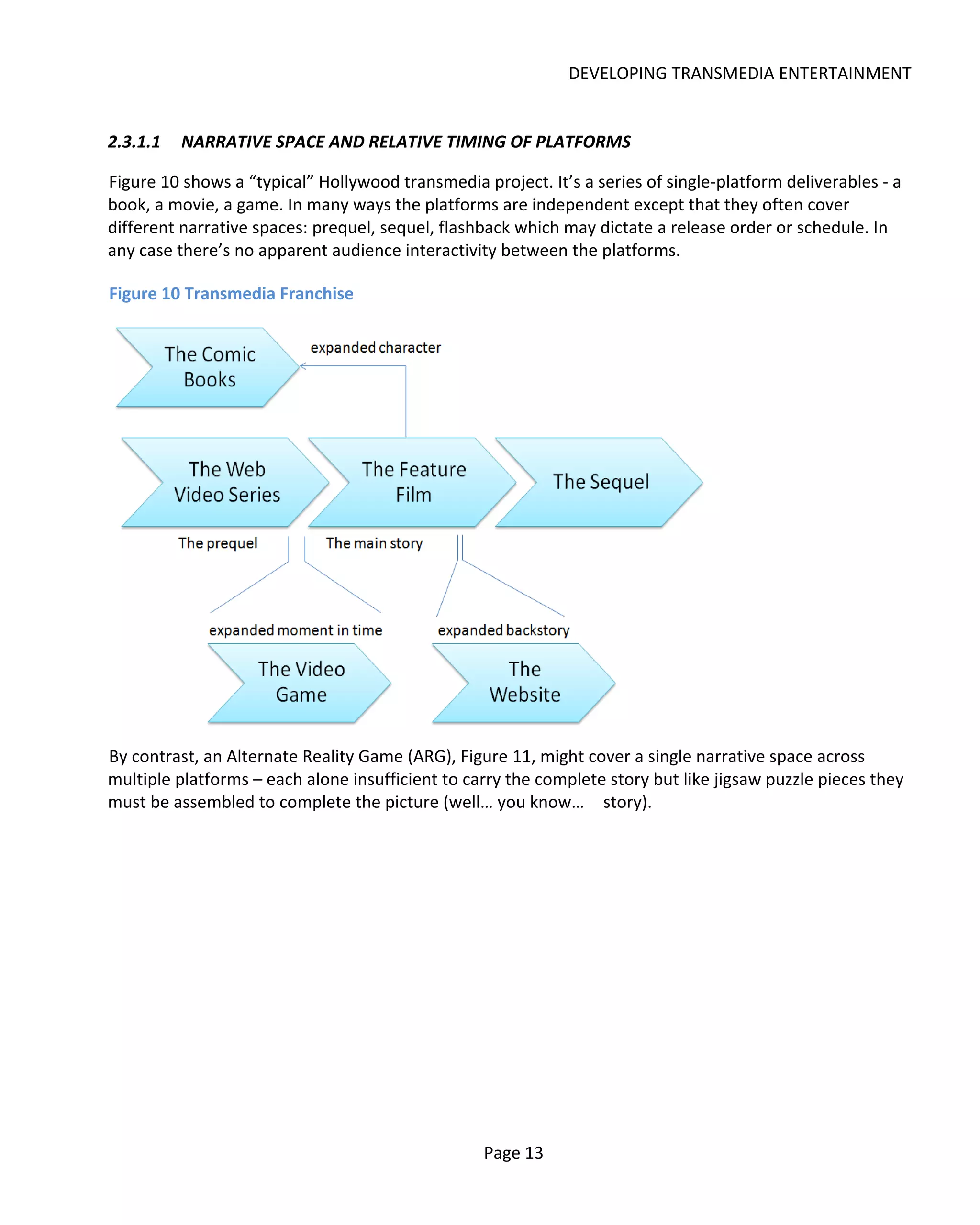 DEVELOPING TRANSMEDIA ENTERTAINMENT


2.3.1.1   NARRATIVE SPACE AND RELATIVE TIMING OF PLATFORMS

Figure 10 shows a “typical” Hollywood transmedia project. It’s a series of single-platform deliverables - a
book, a movie, a game. In many ways the platforms are independent except that they often cover
different narrative spaces: prequel, sequel, flashback which may dictate a release order or schedule. In
any case there’s no apparent audience interactivity between the platforms.

Figure 10 Transmedia Franchise




By contrast, an Alternate Reality Game (ARG), Figure 11, might cover a single narrative space across
multiple platforms – each alone insufficient to carry the complete story but like jigsaw puzzle pieces they
must be assembled to complete the picture (well… you know… story).




                                                  Page 13
 