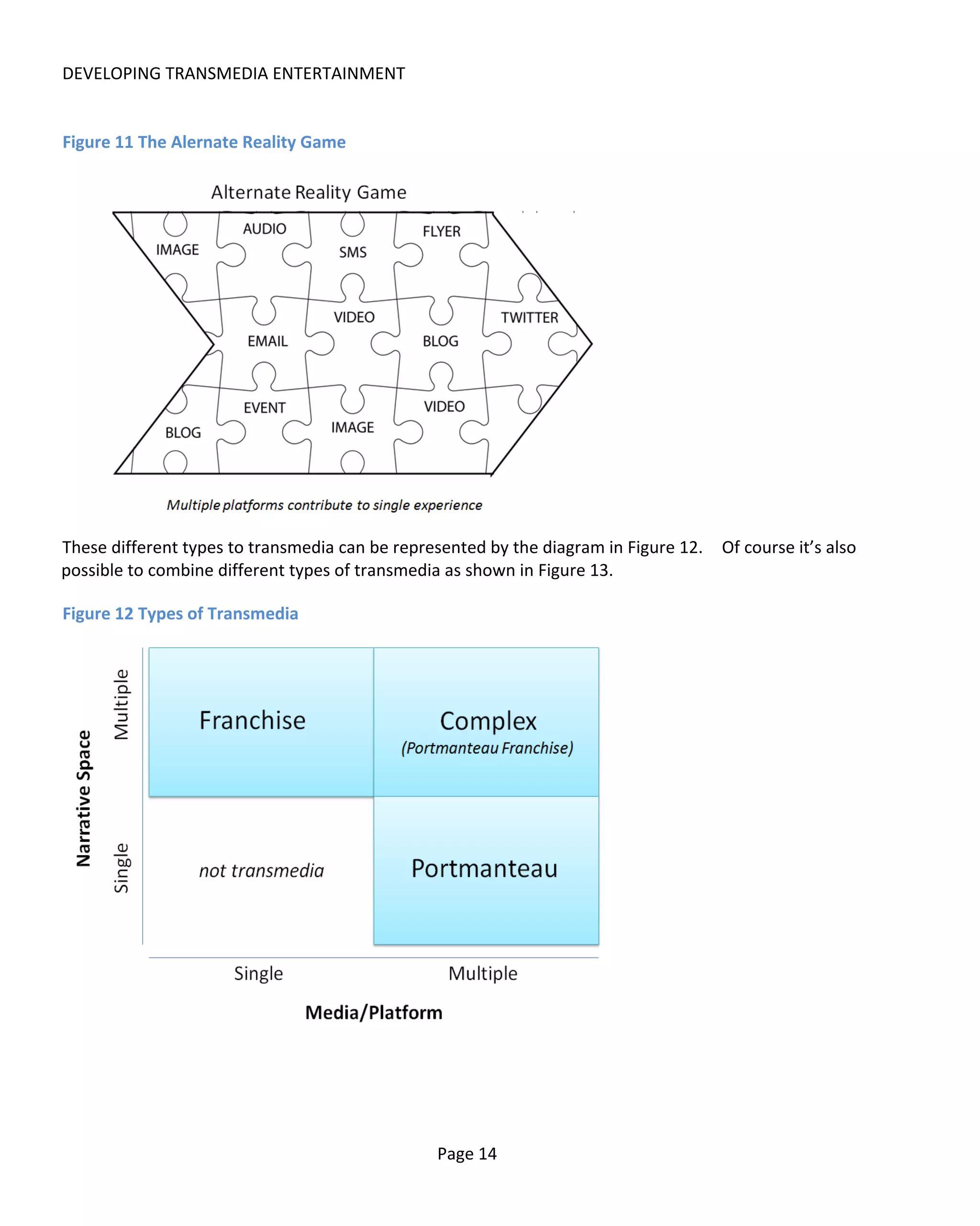 DEVELOPING TRANSMEDIA ENTERTAINMENT


Figure 11 The Alernate Reality Game




These different types to transmedia can be represented by the diagram in Figure 12.   Of course it’s also
possible to combine different types of transmedia as shown in Figure 13.

Figure 12 Types of Transmedia




                                                Page 14
 