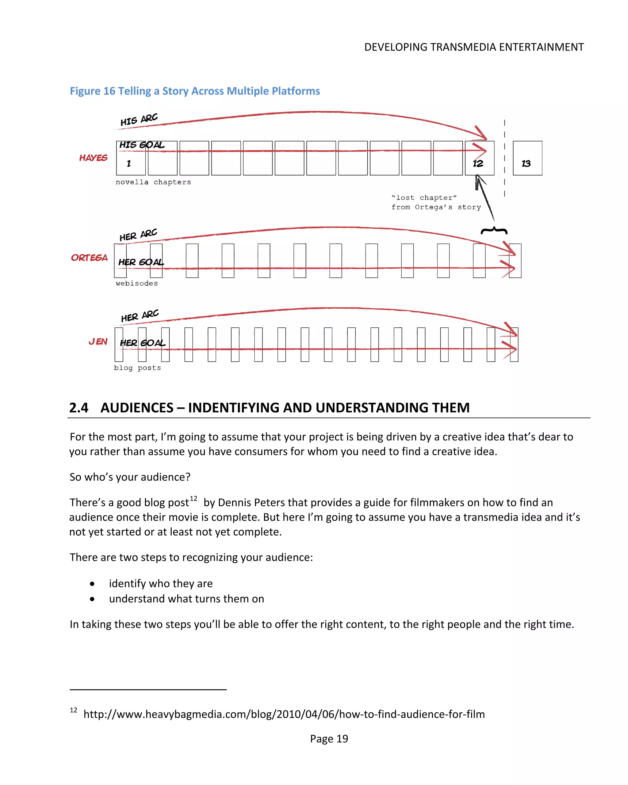 DEVELOPING TRANSMEDIA ENTERTAINMENT


Figure 16 Telling a Story Across Multiple Platforms




2.4 AUDIENCES – INDENTIFYING AND UNDERSTANDING THEM
For the most part, I’m going to assume that your project is being driven by a creative idea that’s dear to
you rather than assume you have consumers for whom you need to find a creative idea.

So who’s your audience?

There’s a good blog post 12 by Dennis Peters that provides a guide for filmmakers on how to find an
audience once their movie is complete. But here I’m going to assume you have a transmedia idea and it’s
not yet started or at least not yet complete.

There are two steps to recognizing your audience:

      •   identify who they are
      •   understand what turns them on

In taking these two steps you’ll be able to offer the right content, to the right people and the right time.




12
     http://www.heavybagmedia.com/blog/2010/04/06/how-to-find-audience-for-film

                                                   Page 19
 