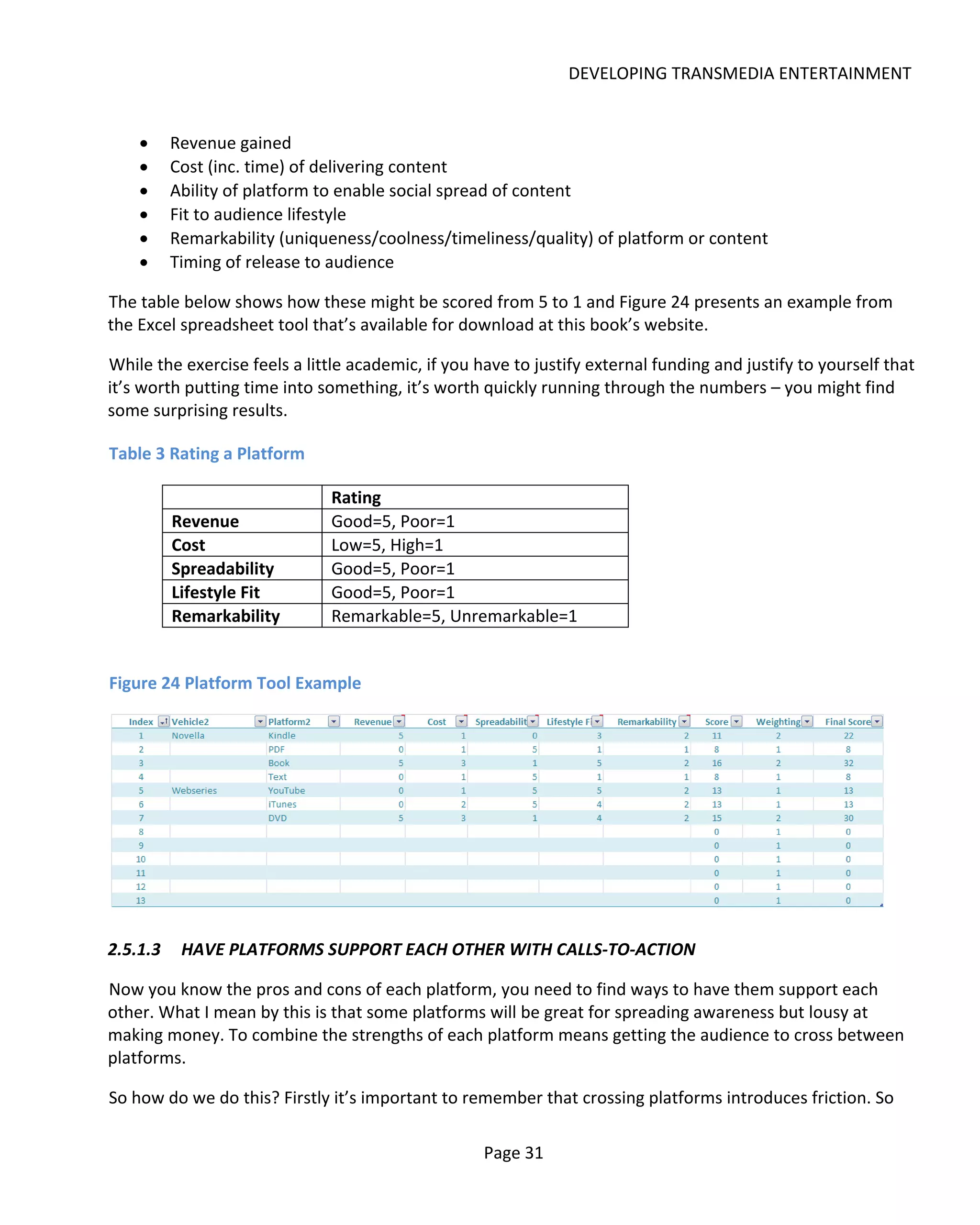 DEVELOPING TRANSMEDIA ENTERTAINMENT


    •     Revenue gained
    •     Cost (inc. time) of delivering content
    •     Ability of platform to enable social spread of content
    •     Fit to audience lifestyle
    •     Remarkability (uniqueness/coolness/timeliness/quality) of platform or content
    •     Timing of release to audience

The table below shows how these might be scored from 5 to 1 and Figure 24 presents an example from
the Excel spreadsheet tool that’s available for download at this book’s website.

While the exercise feels a little academic, if you have to justify external funding and justify to yourself that
it’s worth putting time into something, it’s worth quickly running through the numbers – you might find
some surprising results.

Table 3 Rating a Platform

                               Rating
          Revenue              Good=5, Poor=1
          Cost                 Low=5, High=1
          Spreadability        Good=5, Poor=1
          Lifestyle Fit        Good=5, Poor=1
          Remarkability        Remarkable=5, Unremarkable=1


Figure 24 Platform Tool Example




2.5.1.3    HAVE PLATFORMS SUPPORT EACH OTHER WITH CALLS-TO-ACTION

Now you know the pros and cons of each platform, you need to find ways to have them support each
other. What I mean by this is that some platforms will be great for spreading awareness but lousy at
making money. To combine the strengths of each platform means getting the audience to cross between
platforms.

So how do we do this? Firstly it’s important to remember that crossing platforms introduces friction. So

                                                    Page 31
 