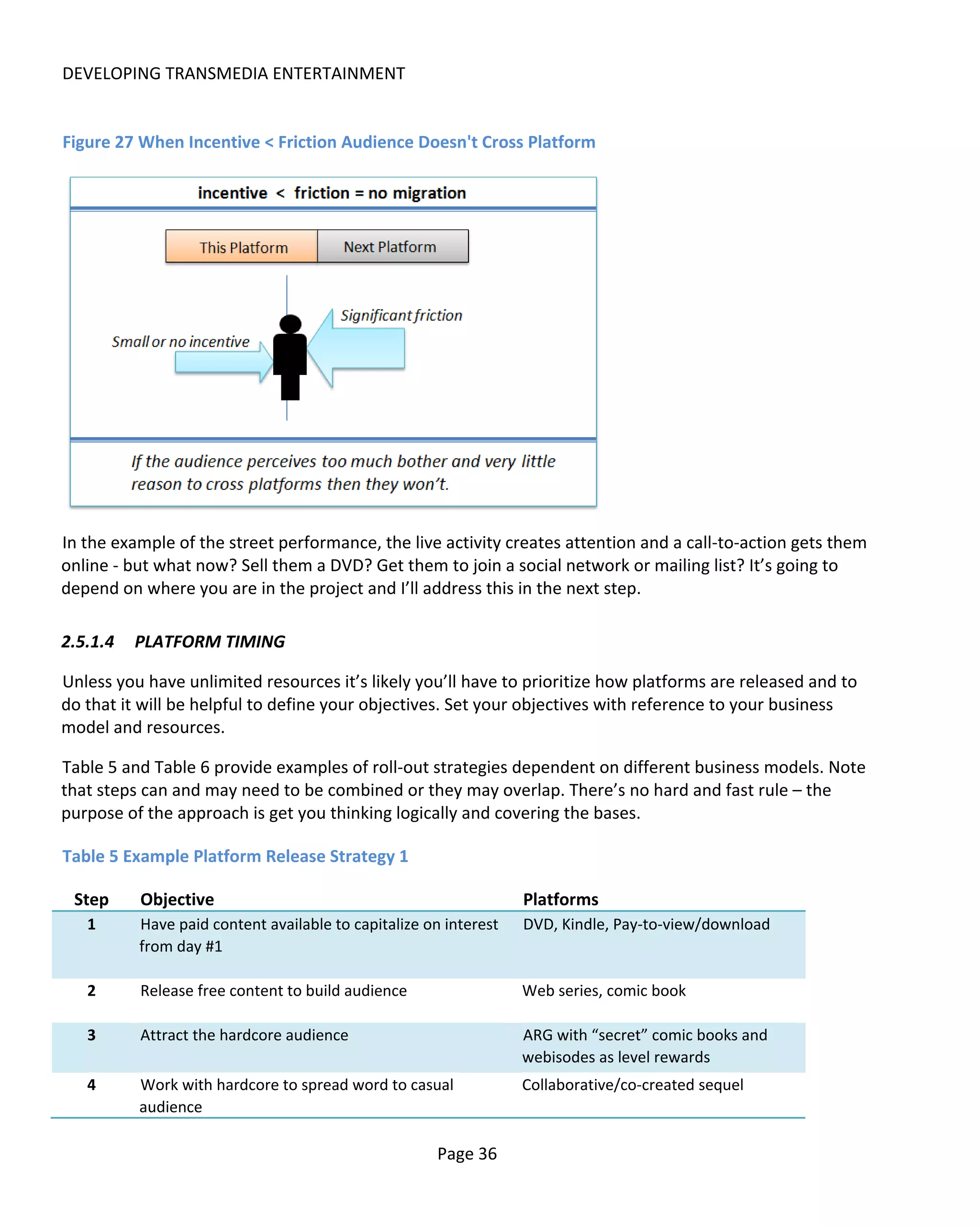 DEVELOPING TRANSMEDIA ENTERTAINMENT


Figure 27 When Incentive < Friction Audience Doesn't Cross Platform




In the example of the street performance, the live activity creates attention and a call-to-action gets them
online - but what now? Sell them a DVD? Get them to join a social network or mailing list? It’s going to
depend on where you are in the project and I’ll address this in the next step.

2.5.1.4   PLATFORM TIMING

Unless you have unlimited resources it’s likely you’ll have to prioritize how platforms are released and to
do that it will be helpful to define your objectives. Set your objectives with reference to your business
model and resources.

Table 5 and Table 6 provide examples of roll-out strategies dependent on different business models. Note
that steps can and may need to be combined or they may overlap. There’s no hard and fast rule – the
purpose of the approach is get you thinking logically and covering the bases.

Table 5 Example Platform Release Strategy 1

 Step     Objective                                               Platforms
   1      Have paid content available to capitalize on interest   DVD, Kindle, Pay-to-view/download
          from day #1

   2      Release free content to build audience                  Web series, comic book

   3      Attract the hardcore audience                           ARG with “secret” comic books and
                                                                  webisodes as level rewards
   4      Work with hardcore to spread word to casual             Collaborative/co-created sequel
          audience

                                                     Page 36
 
