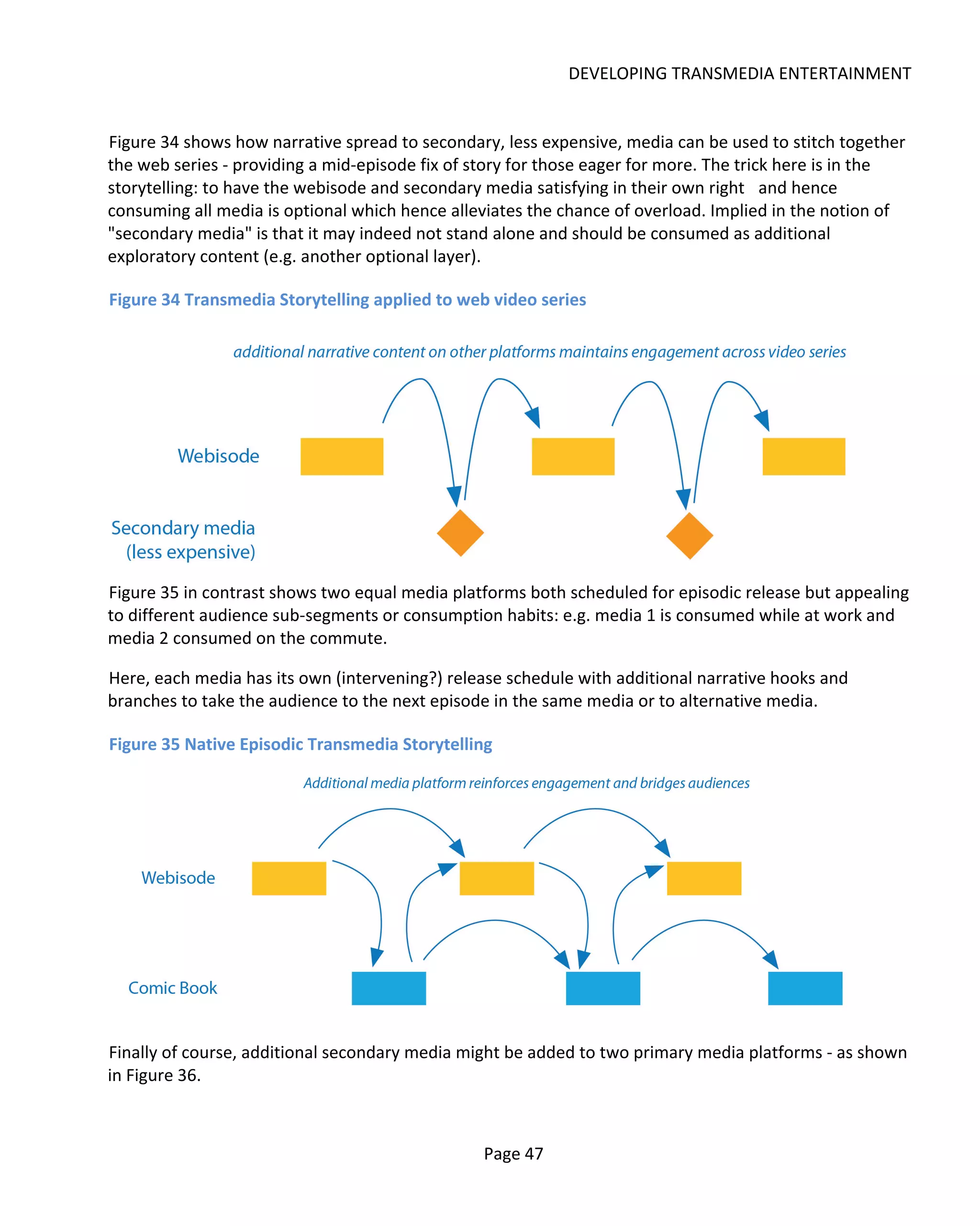 DEVELOPING TRANSMEDIA ENTERTAINMENT


Figure 34 shows how narrative spread to secondary, less expensive, media can be used to stitch together
the web series - providing a mid-episode fix of story for those eager for more. The trick here is in the
storytelling: to have the webisode and secondary media satisfying in their own right and hence
consuming all media is optional which hence alleviates the chance of overload. Implied in the notion of
"secondary media" is that it may indeed not stand alone and should be consumed as additional
exploratory content (e.g. another optional layer).

Figure 34 Transmedia Storytelling applied to web video series




Figure 35 in contrast shows two equal media platforms both scheduled for episodic release but appealing
to different audience sub-segments or consumption habits: e.g. media 1 is consumed while at work and
media 2 consumed on the commute.

Here, each media has its own (intervening?) release schedule with additional narrative hooks and
branches to take the audience to the next episode in the same media or to alternative media.

Figure 35 Native Episodic Transmedia Storytelling




Finally of course, additional secondary media might be added to two primary media platforms - as shown
in Figure 36.



                                                 Page 47
 