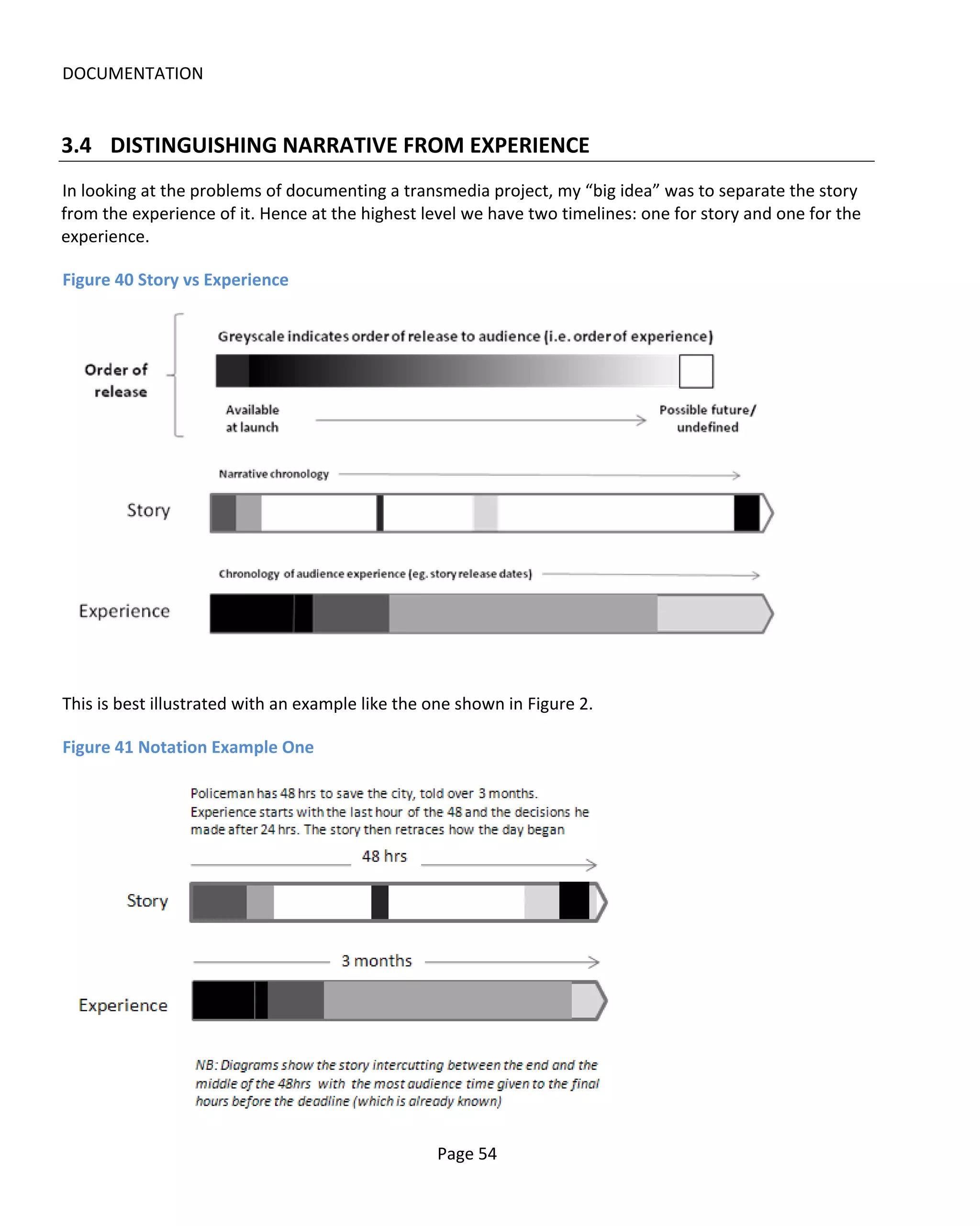 DOCUMENTATION


3.4 DISTINGUISHING NARRATIVE FROM EXPERIENCE
In looking at the problems of documenting a transmedia project, my “big idea” was to separate the story
from the experience of it. Hence at the highest level we have two timelines: one for story and one for the
experience.

Figure 40 Story vs Experience




This is best illustrated with an example like the one shown in Figure 2.

Figure 41 Notation Example One




                                                  Page 54
 