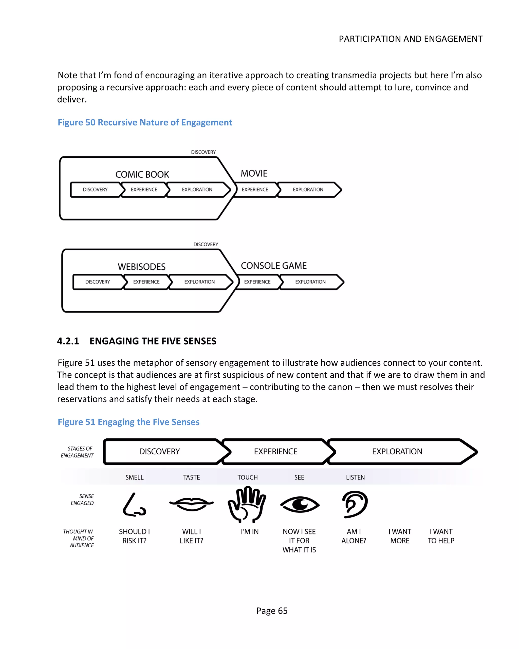 PARTICIPATION AND ENGAGEMENT


Note that I’m fond of encouraging an iterative approach to creating transmedia projects but here I’m also
proposing a recursive approach: each and every piece of content should attempt to lure, convince and
deliver.

Figure 50 Recursive Nature of Engagement




4.2.1 ENGAGING THE FIVE SENSES
Figure 51 uses the metaphor of sensory engagement to illustrate how audiences connect to your content.
The concept is that audiences are at first suspicious of new content and that if we are to draw them in and
lead them to the highest level of engagement – contributing to the canon – then we must resolves their
reservations and satisfy their needs at each stage.

Figure 51 Engaging the Five Senses




                                                 Page 65
 