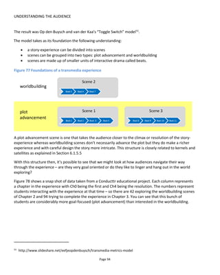 UNDERSTANDING THE AUDIENCE
Page 96
Figure 79 Snapshot of activity by channel
Figure 80 shows a spread of how the audience is distributed between not engaged to super engaged as
measured by how many times they interacted with an experience. The chart shows that 12 people
interacted only once whereas 3 people interacted 21 times.
Figure 80 Distribution of interactions
 