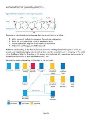 WRITING INTERACTIVE TRANSMEDIA NARRATIVES
Page 102
Here’s what your scenes should do:
• Have goal or purpose
• Develop the drama:
o audience discovers something new
o audience decision or decisions moves story forward
o brings the story or game to a conclusion
The goal is to make your scenes significant in terms of story revelations and development. When naming a
scene, try to use titles that reveal the narrative – remember that you’re working at the narrative layer in
the model – rather than describe the presentation or interaction. For example, rather than names like
“internal pub” or “makes phone call” use names like "Discovers girlfriend is a murderer" or “Audience
must decide to tell police or help protagonist”. We can then look at the scenes and get a bird’s eye view of
the narrative.
Figure 87 shows how the story-experience in Figure 86 might be broken into scenes and charted to show
how the scenes are connected. The information on the arrows connecting the scenes tells us what the
audience needs to do or the information it needs to progress from one scene to the next.
Figure 87 Example Scene Chart – Jed & Sally
Figure 88 shows a more complex scene chart for a murder mystery in Lowlifes.
 