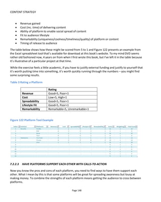 CONTENT STRATEGY
Page 150
while web-based content is free. My primary, albeit weak, CTAs were:
• the project “logo” that displays three media types – informing audiences that this story spans
multiple platforms
• the story in each media begs questions that the audience desires to be answered – and expects to
find them in the other media; hence enticing them to cross platform.
With Example 3 in regard to moving from a free platform to a paid platform, I hoped that the friction of
being tied to a desktop (free platform) will encourage supporters to migrate to a paid platform for a better
experience more in tune with their lifestyle – for example, the ability to read a paperback book in the
bath!
In these examples you can see that the business model creates different objectives for cross-platform
traversal.
Table 4 Assessing your call-to-action: comparing audiences across platforms
Audience Size and Loyalty/Enthusiasm
Casual Audience Hardcore Audience
Big Small
PlatformRevenue
Biggest
Revenue
Big Win. Keep the audience
here and keep them
spending! Refresh content,
allow audience to create
content (includes
discussions, suggestions, live
chat).
Provide CTA’s to motivate
audience to become
Hardcore
Respect this audience: don’t
milk them for money. Use
their enthusiasm to grow
casual audience. Invest in
community and provide
spreadable content with
CTAs to build wider
audience.
Smaller
Revenues
Small Win. Can a gentle CTA
motivate them towards a
bigger revenue platform?
Provide CTA’s to motivate
audience to become
Hardcore – more revenue
will likely follow.
Maximize spreadability of
content (see above).
Provide gentle CTA to
nudge onto higher revenue
platforms.
No
Revenue
If revenue is important, need
a CTA to send audience to a
revenue platform
How is this platform
contributing to the
experience?
Maximize spreadability of
content. CTAs to grow
audience and nudge this
audience to revenue
platforms.
How do I motivate audiences?
Having decided your objectives, how do you motivate audiences to jump platform?
 