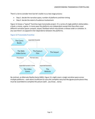 UNDERSTANDING TRANSMEDIA STORYTELLING
Page 17
Figure 15 Mixing and Matching different types of transmedia
2.1.1 AUDIENCE INVOLVEMENT IN YOUR STORY
Audience involvement in the story often bothers creative people more familiar with non-interactive
formats such as movies and books. It’s not just that these people want to tell their story without
interference; it’s also the fear that amateur involvement will sully the final result. And for those who have
tried involving audiences there’s concerns about the effort of “community management” – the time and
trouble to guide, motivate, appeal and appease.
It’s not only creative people unfamiliar with non-interactive formats that worry about how to tell their
story and yet still find room for audience participation. Talk to game designers about audience (i.e. player)
interaction and story and they’ll tell you that the more control you give to players (audiences), the less
control is retained by the author. In fact the problem is even more pronounced in MMOs where virtual
world guru Richard Bartle11
says “Virtual world designers can’t add story, they can only add content.
Content provides experiences that can be made by those who come through or observe them into story.”
So at its most open-ended, the virtual world (or transmedia experience) creates a world with lots of
actionable content and choices but no plot?
This player-author struggle is tackled by games like Fallout 3 and Red Dead Redemption (both open-world
AAA games) by offering players the choice to explore (create their own stories) or tackle quests (follow the
author’s story). Cut-scenes of course offer the most extreme authorial control and can be hated by some
game players because they lose agency – that is, they lose the power to interact.
It’s clear that transmedia experiences can borrow from the lessons of games and virtual worlds – creating
a storyworld into which the author places a mix of story and content with opportunities for sit-forward
and sit-back participation.
11
http://www.amazon.com/Designing-Virtual-Worlds-Richard-Bartle/dp/0131018167
 