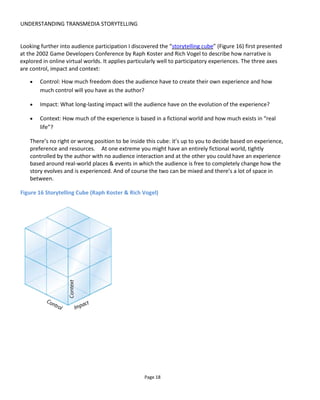 UNDERSTANDING TRANSMEDIA STORYTELLING
Page 20
Figure 18 shows some common “formats” that readers might be familiar with to illustrate the use of the
radar diagram.
Figure 18 Example formats as shown as radar diagrams
The one-page pitch sheet shown in Figure 19 is a convenient way to present your project and provides
a framework for others to understand your project.
 