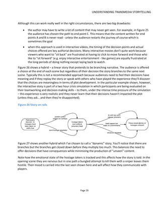 UNDERSTANDING TRANSMEDIA STORYTELLING
Page 31
Janet Murray to coin the term “multi-sequential” meaning that there are multiple linear sequences the
audience can experience. I like this term a lot and often use it but “open storyworld” is a more familiar
term which is why I’ve chosen it here.
This multi-sequential or open storyworld type of storytelling is particularly well suited to alternate reality
games (ARGs) and location-based stories because it allows for self-guided exploration of places (virtual
online or real world) and for transmedia storytelling where the open storyworld might be layered over a
traditional linear narrative.
Figure 29 shows how an open storyworld can be used to create engagement between episodes of a TV
series or webseries. Rather than have the audience wait a week for the next episode they can explore the
open storyworld at their own pace. Even if someone watches all the episodes back-to-back the open
storyworld experience will still be valid... although future video episodes might contain plot spoilers for
the open storyworld if it's intended to play between episodes.
Figure 29 Open storyworld with linear media
One way to imagine this structure is as the audience being a passenger on a train from London to
Manchester (See Figure 30). With linear storytelling the passenger doesn’t get to move around the
carriages – he’s strapped to a seat and will experience the journey the same way as everyone else. With
participatory storytelling – using the open world approach described above – the passenger is free to
roam around the carriages. The passenger can’t derail the train – it’s always going to arrive in Manchester
- but we’ve provided scope for passengers to talk to other passengers, to look out the window from
different vantage points and maybe talk with characters at the time of their choosing.
 