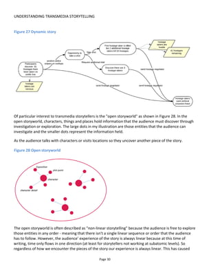 UNDERSTANDING TRANSMEDIA STORYTELLING
Page 32
Figure 30 Participatory storytelling
2.5 STORYWORLDS
A storyworld is the fabric of details that make a story believable.
When there is a story set somewhere contemporary and familiar
we tend not to notice the storyworld: we take it for granted… it’s
just kind of there. When the story is set somewhere unfamiliar,
like Hogwarts or Mars or the jungle, then the storyworld is more
evident – in the costumes, the architecture, the language, the
props and so on.
Storyworlds are most noticeable and most important when
there are many stories told about the same characters or places
or objects or time period. This is because the storyworld
provides the foundation to support the stories. Mark J.P Wolf
says in his excellent book Building Imaginary Worlds: The Theory
and History of Subcreation:
“Worlds, unlike stories, need not rely on narrative
structures, though stories are always dependent on the worlds in which they take place. Worlds
extend beyond the stories that occur in them, inviting speculation and exploration through
imaginative means”
Figure 31 illustrates multiple stories inside a storyworld with stories connected by possible narrative
Figure 31 Story vs Storyworld
 