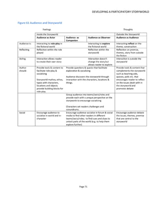 DEVELOPING A PARTICIPATORY STORYWORLD
Page 73
Figure 63 Participation opportunities for audiences
4.3.4 DEFINE THE EXECUTION
In the previous stage you will have identified a number of experiences35
. You now have to organize these
in relation to each other, to other marketing or public events (e.g. Labor Day, Christmas, and Halloween
etc.) and to commercial objectives – usually there is a reason for launching the project now and not later.
The key considerations then, are:
• Timing - what content and experiences will be made available and when?
• Events – what are the “tent pole” events or prominent dates in your calendar and how does the
storyworld fit with them?
• Platforms – you defined the platforms in phase 1 but how do they now fit against each other
• Pacing – what’s the release plan? How are the content and experiences going to be made
available in relation to each other?
Typically, the execution will be shown as an experience timeline of the kind shown in Figure 46. This gives
a broad-brush overview of the release of different experiences and how long they are to last.
It’s also very useful to map the experiences on a content availability grid of the type shown in Figure 64. In
35
Here I mean “experiences” in its broadest possible use to encompass books, movies, ARGs, pervasive games,
interactive webseries and so on.
 