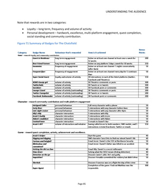 UNDERSTANDING THE AUDIENCE
Page 87
5.5.2 INTRINSIC MOTIVATIONS
To achieve engagement through intrinsic motivation we must design experiences that satisfy core human
needs. These needs are:
• Significance (special, important, unique)
• Certainty (comfort & control)
• Variety (surprise)
• Connection (love)
• Growth (learning, mastery)
• Contribution (giving back).
In their book Glued to Games45
, Rigby and Ryan use self-determination theory as the basis for their "Player
Experience of Needs Satisfaction (PENS)" model which seeks to understand player engagement with
computer games. They identify three innate psychological needs as the basis for self-motivation:
• Competency - to be in control and seek mastery
• Autonomy - to be free to act
• Relatedness - to feel connected to others.
Let's look at what the PENs model means for us as transmedia storytellers.
5.5.2.1 COMPETENCE
We often think that audiences don't want to bring together multiple pieces of information because the
effort is perceived as too much work for insufficient reward. This leads some to the conclusion that either
"ARGS require too great a level of participation" or "it's better to bring everything together" into a single
hub - for example, create a mobile or tablet app that looks like an ARG but removes the effort of the
scavenger hunt.
Working with PENs leads me to believe that multi-platform scavenger hunts often lead to a feeling of
incompetence because the clues and cues may not be obvious: It's not clear what the audience is
supposed to accomplish and there's no feedback in the form of a reward for discovering new information.
In my work, we developed the Communicator46
, a web-app that allows a hybrid experience of distributed
and centralized content and the ability to reward individual players with badges, points, exclusive content
and such like.
The puzzle-heavy nature of many ARGs is a big turn off for me personally because while I enjoy spatial
puzzles I don't like most other puzzles - almost anything with words, numbers, code-breaking etc. And I
45
http://www.amazon.com/Glued-Games-Spellbound-Directions-
ebook/dp/B004NYAH66/ref=tmm_kin_title_0?ie=UTF8&qid=1352200740&sr=8-1
46
http://www.conducttr.com/training/be-inspired/conducttr-communicator/
 