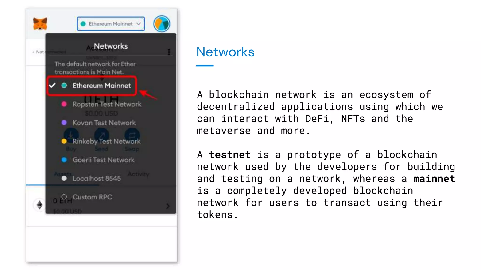 Networks
A blockchain network is an ecosystem of
decentralized applications using which we
can interact with DeFi, NFTs and the
metaverse and more.
A testnet is a prototype of a blockchain
network used by the developers for building
and testing on a network, whereas a mainnet
is a completely developed blockchain
network for users to transact using their
tokens.
 