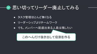 思い切ってリーダー廃止してみる
● タスク管理ほとんど無くなる
● リーダーシップよりチームワーク
● でも、メンバーへ配慮出来る人員は残したい
このへんだけ抜き出して役割を作る
 