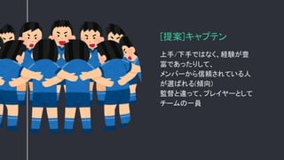 [提案]キャプテン
上手/下手ではなく、経験が豊
富であったりして、
メンバーから信頼されている人
が選ばれる(傾向)
監督と違って、プレイヤーとして
チームの一員
 