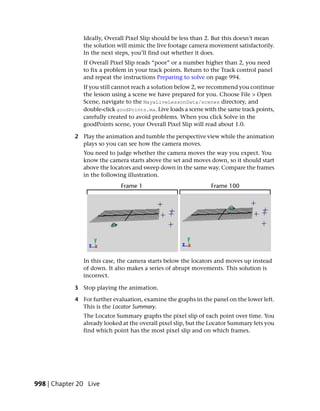 Ideally, Overall Pixel Slip should be less than 2. But this doesn’t mean
               the solution will mimic the live footage camera movement satisfactorily.
               In the next steps, you’ll find out whether it does.
               If Overall Pixel Slip reads “poor” or a number higher than 2, you need
               to fix a problem in your track points. Return to the Track control panel
               and repeat the instructions Preparing to solve on page 994.
               If you still cannot reach a solution below 2, we recommend you continue
               the lesson using a scene we have prepared for you. Choose File > Open
               Scene, navigate to the MayaLiveLessonData/scenes directory, and
               double-click goodPoints.ma. Live loads a scene with the same track points,
               carefully created to avoid problems. When you click Solve in the
               goodPoints scene, your Overall Pixel Slip will read about 1.0.

            2 Play the animation and tumble the perspective view while the animation
              plays so you can see how the camera moves.
               You need to judge whether the camera moves the way you expect. You
               know the camera starts above the set and moves down, so it should start
               above the locators and sweep down in the same way. Compare the frames
               in the following illustration.




               In this case, the camera starts below the locators and moves up instead
               of down. It also makes a series of abrupt movements. This solution is
               incorrect.

            3 Stop playing the animation.

            4 For further evaluation, examine the graphs in the panel on the lower left.
              This is the Locator Summary.
               The Locator Summary graphs the pixel slip of each point over time. You
               already looked at the overall pixel slip, but the Locator Summary lets you
               find which point has the most pixel slip and on which frames.




998 | Chapter 20 Live
 