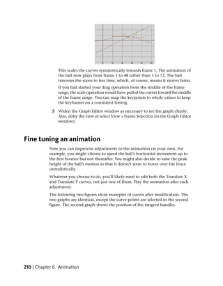 This scales the curves symmetrically towards frame 1. The animation of
               the ball now plays from frame 1 to 48 rather than 1 to 72. The ball
               traverses the scene in less time, which, of course, means it moves faster.
               If you had started your drag operation from the middle of the frame
               range, the scale operation would have pulled the curves toward the middle
               of the frame range. You can snap the keypoints to whole values to keep
               the keyframes on a consistent timing.

            5 Widen the Graph Editor window as necessary to see the graph clearly.
              Also, dolly the view or select View > Frame Selection (in the Graph Editor
              window).



Fine tuning an animation
           Now you can improvise adjustments to the animation on your own. For
           example, you might choose to speed the ball’s horizontal movement up to
           the first bounce but not thereafter. You might also decide to raise the peak
           height of the ball’s motion so that it doesn’t seem to hover over the fence
           unrealistically.
           Whatever you choose to do, you’ll likely need to edit both the Translate X
           and Translate Y curves, not just one of them. Play the animation after each
           adjustment.
           The following two figures show examples of curves after modification. The
           two graphs are identical, except the curve points are selected in the second
           figure. The second graph shows the position of the tangent handles.




210 | Chapter 6 Animation
 