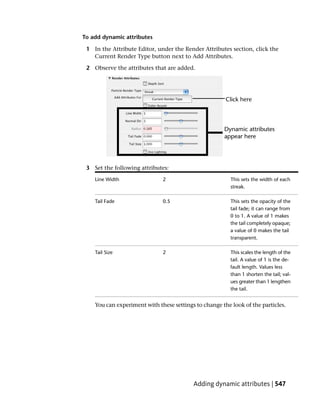 To add dynamic attributes

 1 In the Attribute Editor, under the Render Attributes section, click the
   Current Render Type button next to Add Attributes.

 2 Observe the attributes that are added.




 3 Set the following attributes:
    Line Width                2                          This sets the width of each
                                                         streak.

    Tail Fade                 0.5                        This sets the opacity of the
                                                         tail fade; it can range from
                                                         0 to 1. A value of 1 makes
                                                         the tail completely opaque;
                                                         a value of 0 makes the tail
                                                         transparent.

    Tail Size                 2                          This scales the length of the
                                                         tail. A value of 1 is the de-
                                                         fault length. Values less
                                                         than 1 shorten the tail; val-
                                                         ues greater than 1 lengthen
                                                         the tail.


    You can experiment with these settings to change the look of the particles.




                                          Adding dynamic attributes | 547
 