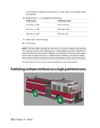 to the Rotate Y attribute of Cab_door_f_r_GRP. When one changes, both
                 are updated.

             8 Repeat steps 3 - 7 to publish the following:
                 Node Name                                Published name

                 Cab_door_f_l_GRP                         Front_Left_Door

                 Cab_door_r_r_GRP                         Rear_Right_Door

                 Cab_door_r_l_GRP                         Rear_Left_Door


             9 Select Edit > Reset Settings.

            10 Click Close.


            NOTE The Door Open attribute for each door is a custom attribute that controls
            the Y rotation of each door. Although you could publish the rotate Y attribute of
            each door directly, these custom attributes are provided so that each door opens
            as the value increases from 0 to 1. Without these attributes, some doors would
            open as their rotation increases and others would open as their rotation decreases.

            You will learn how to create a custom attribute in the next section.



Publishing multiple attributes to a single published name




722 | Chapter 14 Assets
 