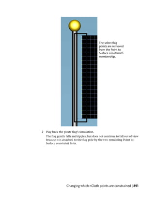 7 Play back the pirate flag’s simulation.
   The flag gently falls and ripples, but does not continue to fall out of view
   because it is attached to the flag pole by the two remaining Point to
   Surface constraint links.




                   Changing which nCloth points are constrained | 891
 