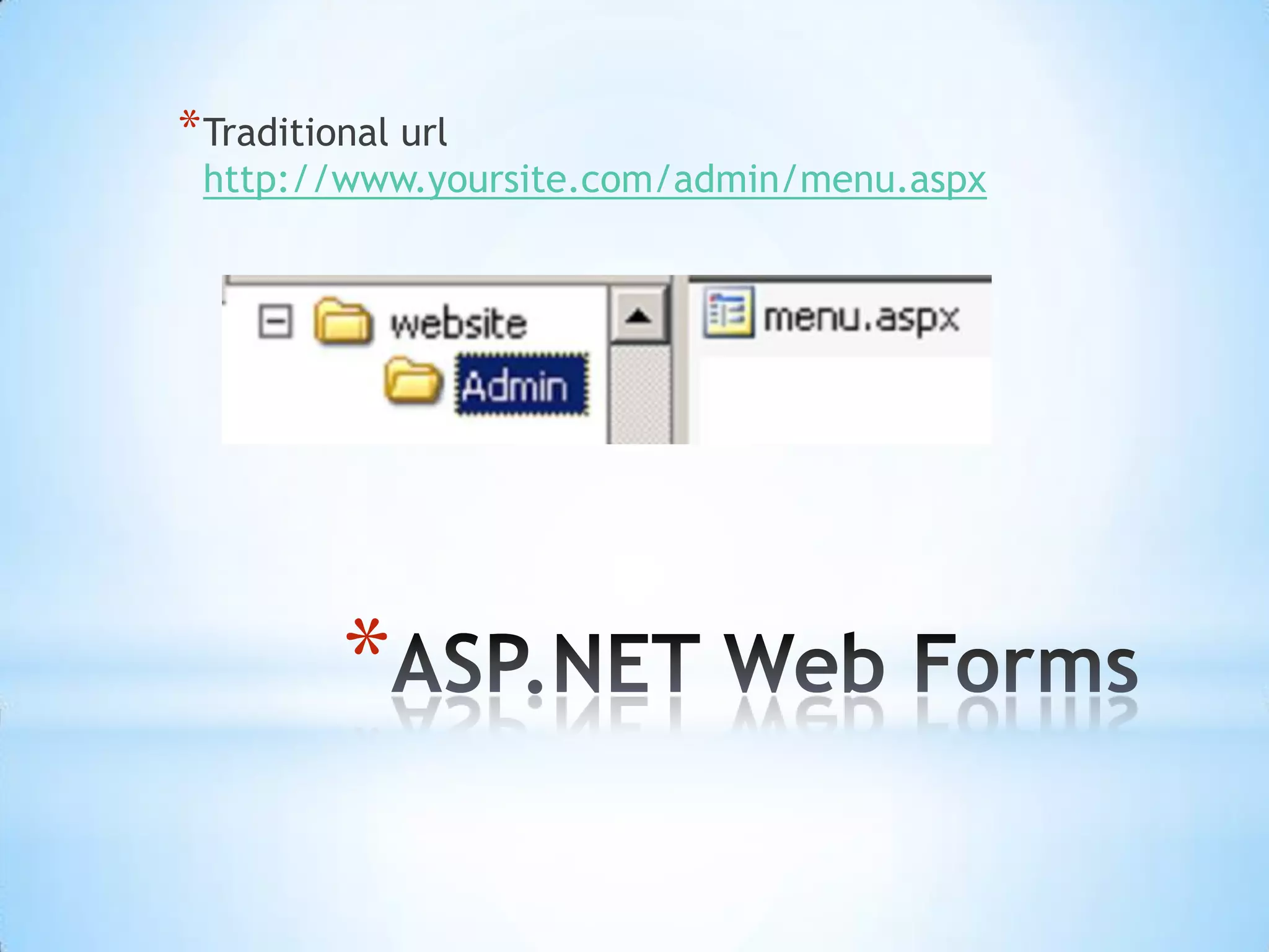 ASP.NET Web FormsTraditional urlhttp://www.yoursite.com/admin/menu.aspx