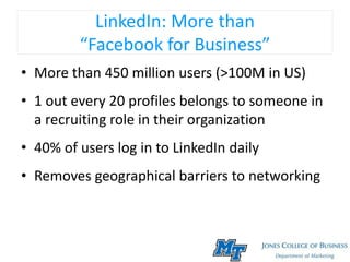 LinkedIn: More than
“Facebook for Business”
• More than 450 million users (>100M in US)
• 1 out every 20 profiles belongs to someone in
a recruiting role in their organization
• 40% of users log in to LinkedIn daily
• Removes geographical barriers to networking
 