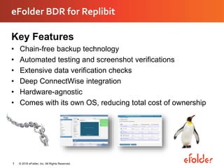 eFolder BDR for Replibit
Key Features
• Chain-free backup technology
• Automated testing and screenshot verifications
• Extensive data verification checks
• Deep ConnectWise integration
• Hardware-agnostic
• Comes with its own OS, reducing total cost of ownership
1 © 2016 eFolder, Inc. All Rights Reserved.
 