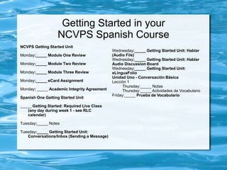 NCVPS Getting Started Unit
Monday:_____ Module One Review
Monday:_____ Module Two Review
Monday:_____ Module Three Review
Monday:_____ eCard Assignment
Monday: _____ Academic Integrity Agreement
Spanish One Getting Started Unit
_____ Getting Started: Required Live Class
(any day during week 1 - see RLC
calendar)
Tuesday:_____ Notes
Tuesday:_____ Getting Started Unit:
Conversations/Inbox (Sending a Message)
Getting Started in your
NCVPS Spanish Course
Wednesday:_____ Getting Started Unit: Hablar
(Audio File)
Wednesday:_____ Getting Started Unit: Hablar
Audio Discussion Board
Wednesday:_____ Getting Started Unit:
eLinguaFolio
Unidad Uno - Conversación Básica
Lección 1
Thursday:_____ Notas
Thursday:_____ Actividades de Vocabulario
Friday:_____ Prueba de Vocabulario
 