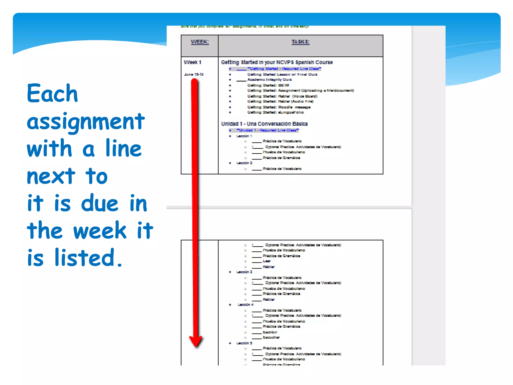 Each
assignment
with a line
next to
it is due in
the week it
is listed.
 