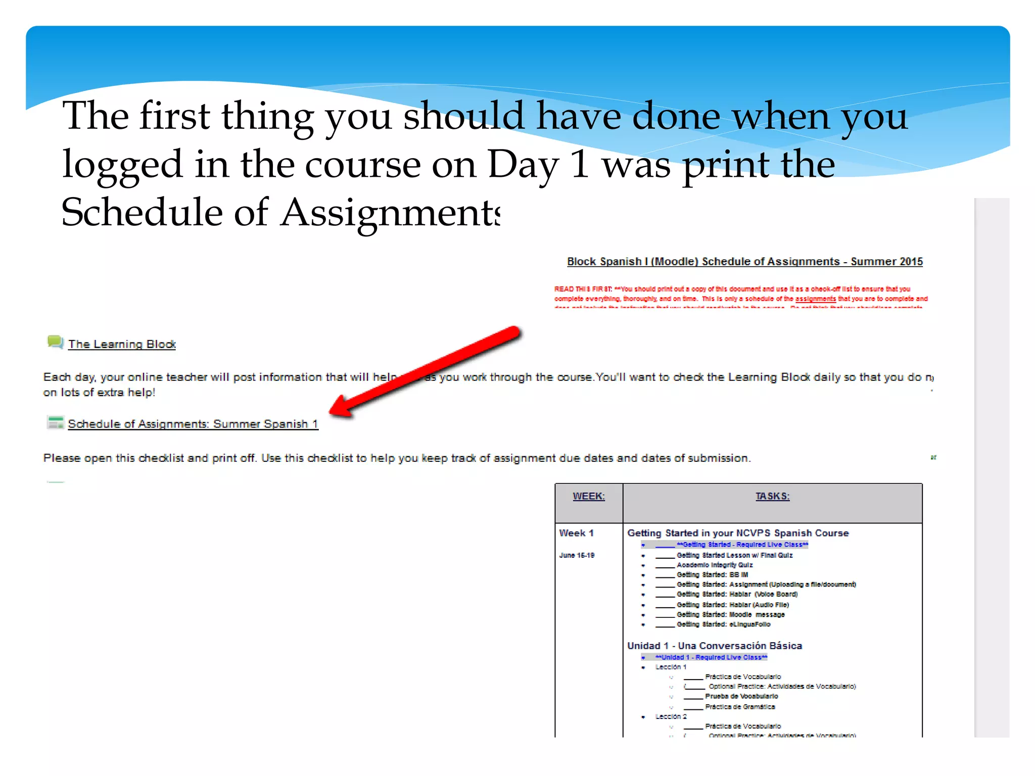 The first thing you should have done when you
logged in the course on Day 1 was print the
Schedule of Assignments.
 