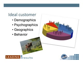 Ideal	
  customer	
  
  •  Demographics
  •  Psychographics
  •  Geographics
  •  Behavior
 