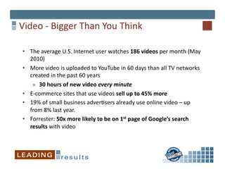  Video	
  -­‐	
  Bigger	
  Than	
  You	
  Think	
  

  •  The	
  average	
  U.S.	
  Internet	
  user	
  watches	
  186	
  videos	
  per	
  month	
  (May	
  
     2010)	
  
  •  More	
  video	
  is	
  uploaded	
  to	
  YouTube	
  in	
  60	
  days	
  than	
  all	
  TV	
  networks	
  
     created	
  in	
  the	
  past	
  60	
  years	
  
      »  30	
  hours	
  of	
  new	
  video	
  every	
  minute	
  
  •  E-­‐commerce	
  sites	
  that	
  use	
  videos	
  sell	
  up	
  to	
  45%	
  more	
  
  •  19%	
  of	
  small	
  business	
  adver6sers	
  already	
  use	
  online	
  video	
  –	
  up	
  
     from	
  8%	
  last	
  year.	
  
  •  Forrester:	
  50x	
  more	
  likely	
  to	
  be	
  on	
  1st	
  page	
  of	
  Google’s	
  search	
  
     results	
  with	
  video	
  
 