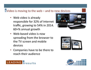 Video	
  is	
  moving	
  to	
  the	
  web	
  –	
  and	
  to	
  new	
  devices	
  

    •  Web	
  video	
  is	
  already	
  
       responsible	
  for	
  32%	
  of	
  Internet	
  
       traﬃc,	
  growing	
  to	
  54%	
  in	
  2014.	
  
       60+%	
  annual	
  growth	
  
    •  Web-­‐based	
  video	
  is	
  now	
  
       spreading	
  from	
  the	
  browser	
  to	
  
       the	
  TV	
  screen	
  and	
  mobile	
  
       devices	
  
    •  Companies	
  have	
  to	
  be	
  there	
  to	
  
       reach	
  their	
  audience	
  


                                                                                    Sta6s6cs	
  source:	
  Cisco	
  
 