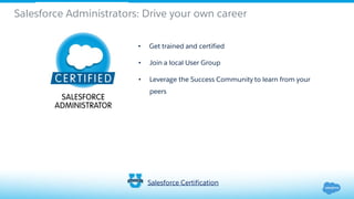 Salesforce Administrators: Drive your own career
Salesforce Certification
• Get trained and certified
• Join a local User Group
• Leverage the Success Community to learn from your
peers
 