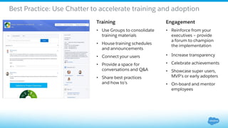 Best Practice: Use Chatter to accelerate training and adoption
Training
• Use Groups to consolidate
training materials
• House training schedules
and announcements
• Connect your users
• Provide a space for
conversations and Q&A
• Share best practices
and how to’s
Engagement
• Reinforce from your
executives – provide
a forum to champion
the implementation
• Increase transparency
• Celebrate achievements
• Showcase super users,
MVP’s or early adopters
• On-board and mentor
employees
 