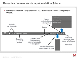 Barre de commandes de la présentation Adobe Des commandes de navigation dans la présentation sont automatiquement créées. Bouton de commande pour passer à l’affichage  Plein écran Durée écoulée/ Durée totale du commentaire audio  de la diapositive Boutons  de navigation Diapositive en cours de lecture Curseur Fenêtre contextuelle des pièces jointes Fenêtre contextuelle de contrôle du volume 