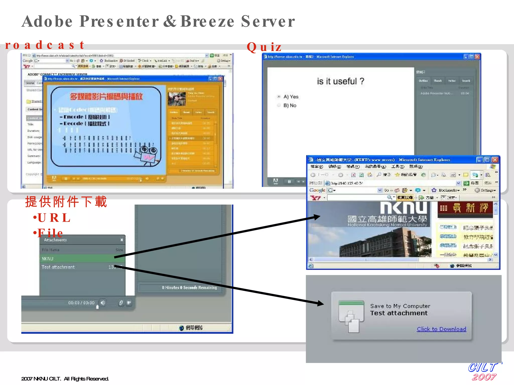 Adobe Presenter & Breeze Server 提供附件下載 URL File Broadcast Quiz 