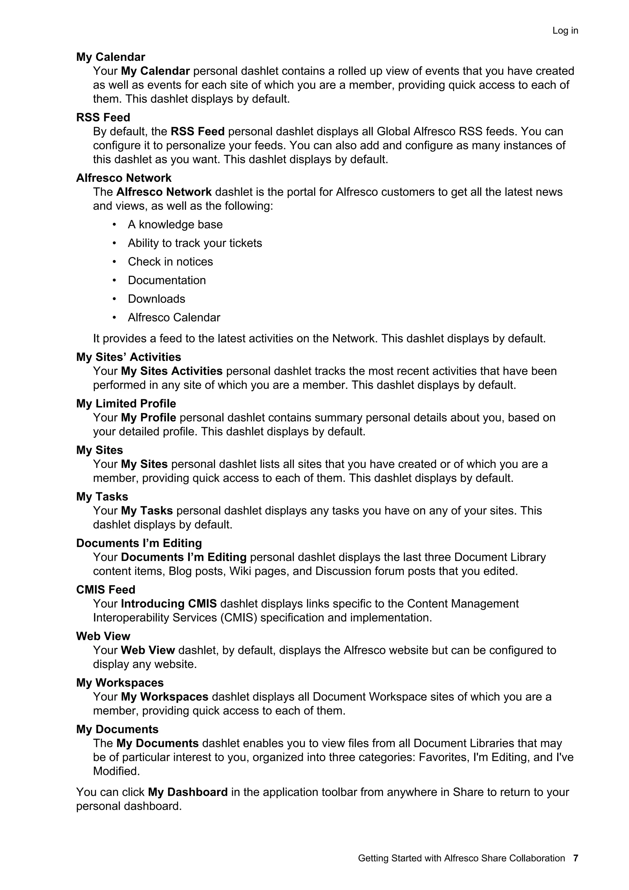 Log in

My Calendar
Your My Calendar personal dashlet contains a rolled up view of events that you have created
as well as events for each site of which you are a member, providing quick access to each of
them. This dashlet displays by default.
RSS Feed
By default, the RSS Feed personal dashlet displays all Global Alfresco RSS feeds. You can
configure it to personalize your feeds. You can also add and configure as many instances of
this dashlet as you want. This dashlet displays by default.
Alfresco Network
The Alfresco Network dashlet is the portal for Alfresco customers to get all the latest news
and views, as well as the following:
• A knowledge base
• Ability to track your tickets
• Check in notices
• Documentation
• Downloads
• Alfresco Calendar
It provides a feed to the latest activities on the Network. This dashlet displays by default.
My Sites’ Activities
Your My Sites Activities personal dashlet tracks the most recent activities that have been
performed in any site of which you are a member. This dashlet displays by default.
My Limited Profile
Your My Profile personal dashlet contains summary personal details about you, based on
your detailed profile. This dashlet displays by default.
My Sites
Your My Sites personal dashlet lists all sites that you have created or of which you are a
member, providing quick access to each of them. This dashlet displays by default.
My Tasks
Your My Tasks personal dashlet displays any tasks you have on any of your sites. This
dashlet displays by default.
Documents I’m Editing
Your Documents I’m Editing personal dashlet displays the last three Document Library
content items, Blog posts, Wiki pages, and Discussion forum posts that you edited.
CMIS Feed
Your Introducing CMIS dashlet displays links specific to the Content Management
Interoperability Services (CMIS) specification and implementation.
Web View
Your Web View dashlet, by default, displays the Alfresco website but can be configured to
display any website.
My Workspaces
Your My Workspaces dashlet displays all Document Workspace sites of which you are a
member, providing quick access to each of them.
My Documents
The My Documents dashlet enables you to view files from all Document Libraries that may
be of particular interest to you, organized into three categories: Favorites, I'm Editing, and I've
Modified.
You can click My Dashboard in the application toolbar from anywhere in Share to return to your
personal dashboard.

Getting Started with Alfresco Share Collaboration 7

 