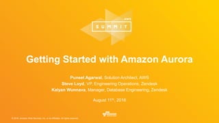 © 2016, Amazon Web Services, Inc. or its Affiliates. All rights reserved.
Puneet Agarwal, Solution Architect, AWS
Steve Loyd, VP, Engineering Operations, Zendesk
Kalyan Wunnava, Manager, Database Engineering, Zendesk
August 11th, 2016
Getting Started with Amazon Aurora
 
