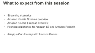 What to expect from this session
• Streaming scenarios
• Amazon Kinesis Streams overview
• Amazon Kinesis Firehose overvie...
