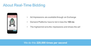 About Real-Time Bidding
• Ad Impressions are available through an Exchange
• Demand Platforms have to bid in less the 100 ...
